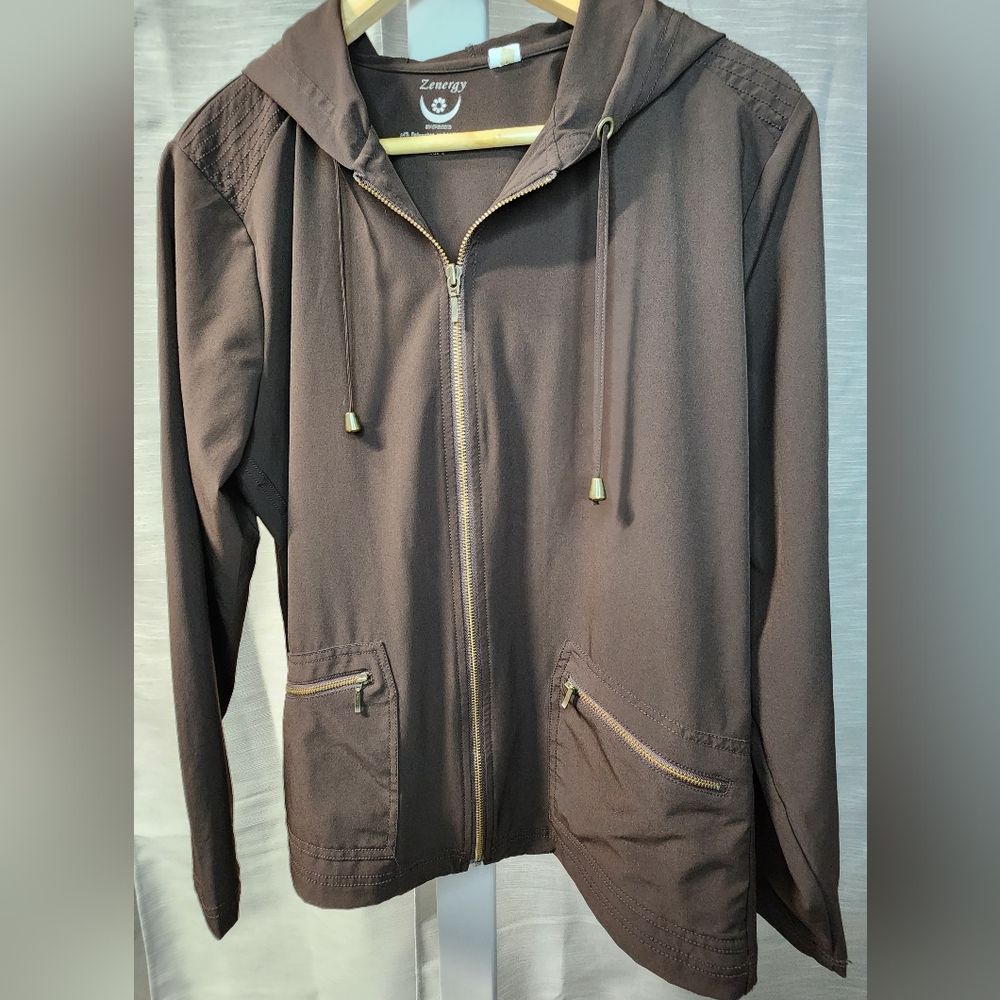 Chico's Zenergy zip hooded active wear stretch jacket size 2=Large/12 brown